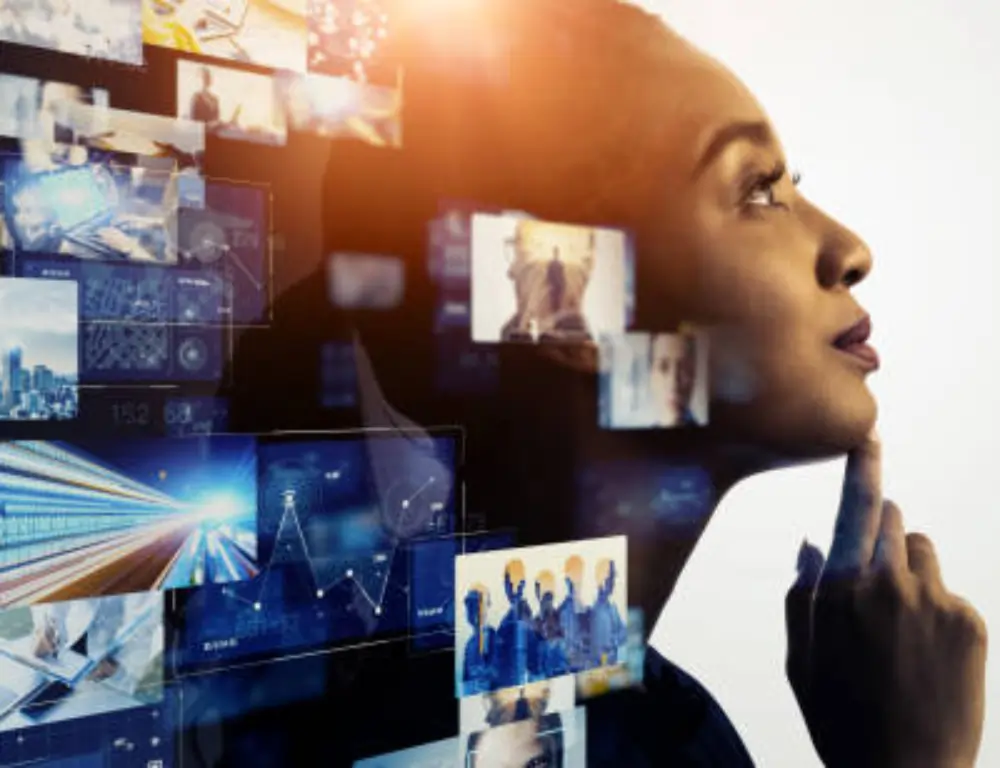 Large LED screen with stage, trussing and lighting for corporate event